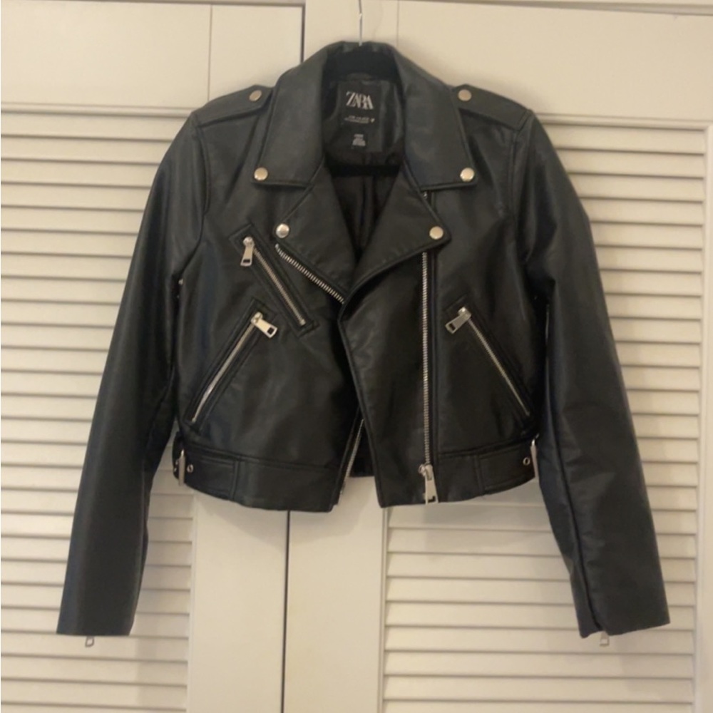 Zara - black faux leather motorcycle jacket